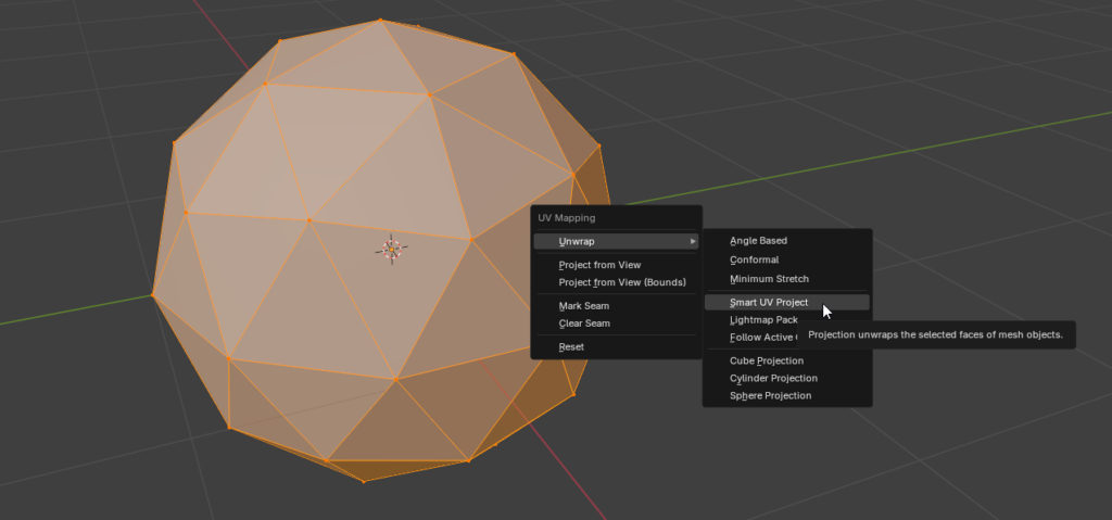 smart uv project function to create a uv map to apply textures to models in Blender