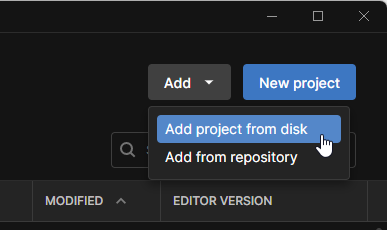 add a unity project from disk in Unity hub