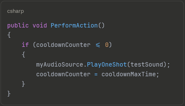 Modified PerformAction function with cooldown condition - Core logic to create a cooldown timer in Unity that prevents action spam