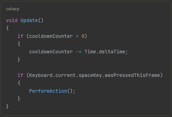 Decrementing cooldown counter using Time.deltaTime - Critical Update function code to create a cooldown timer in Unity that counts down properly