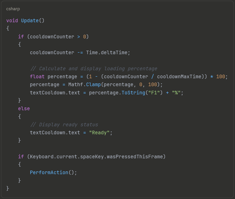 Complete Update function with percentage calculation and text display - Full implementation to create a cooldown timer in Unity with visual feedback