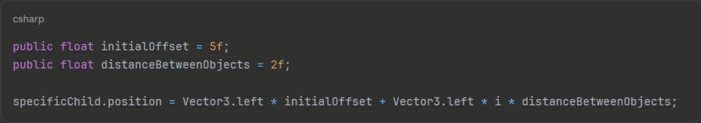 Positioning child GameObjects in a line while iterating through children in Unity using Vector3