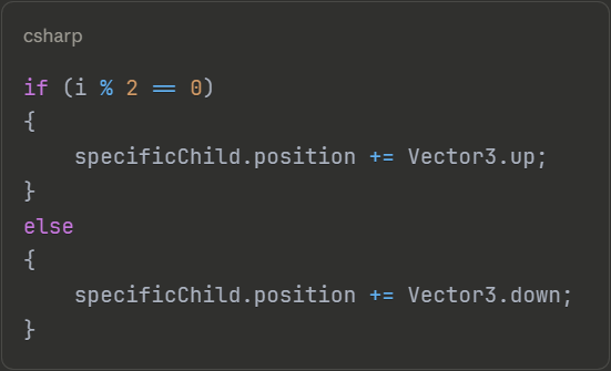 Using modulo operator to conditionally position child GameObjects while iterating in Unity