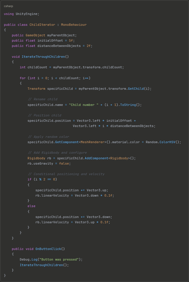 Complete C# script example showing multiple techniques for iterating through GameObject children in Unity