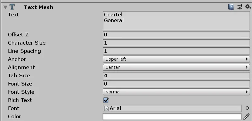 inspector de un objeto tipo text para un prototipo de unity