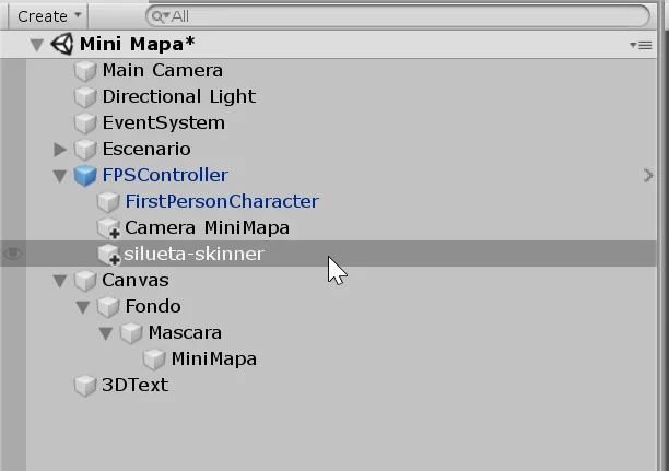 jerarquia de un prototipo en unity, mini mapa en unity