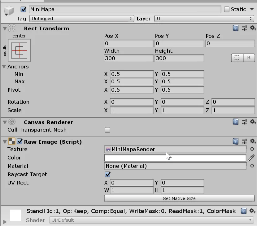 inspector de un objeto raw image en un prototipo en unity