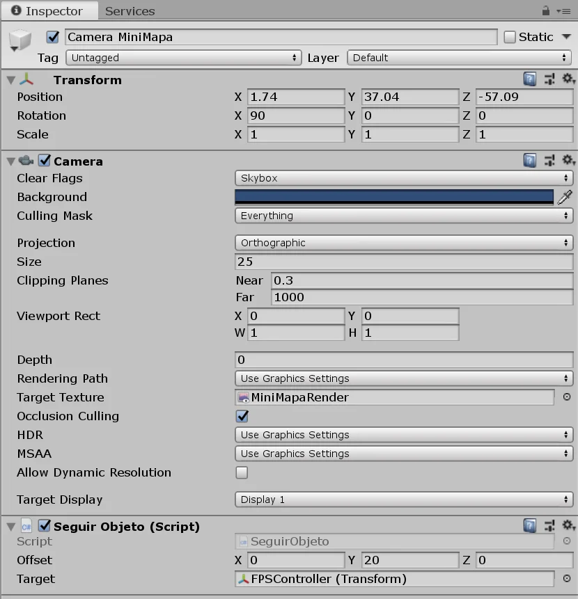 inspector de un objeto camara para un prototipo hecho en unity