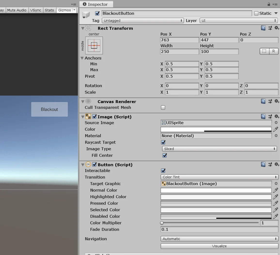 parameter settings for an object button in unity