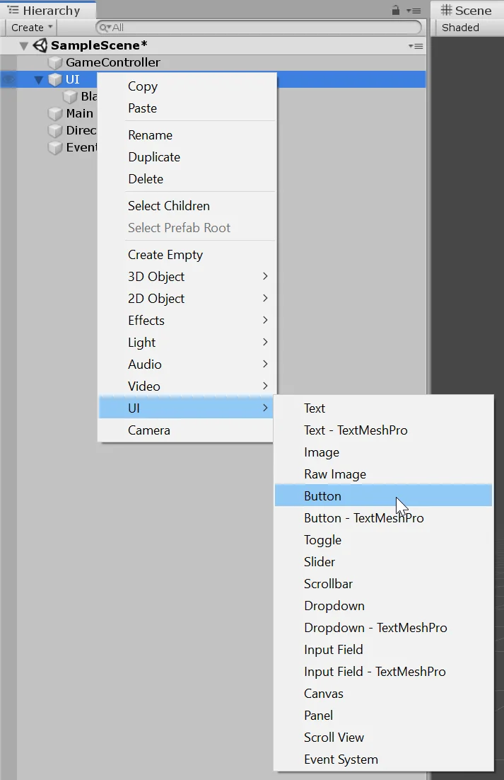 creation of button gameobject from the hierarchy in unity