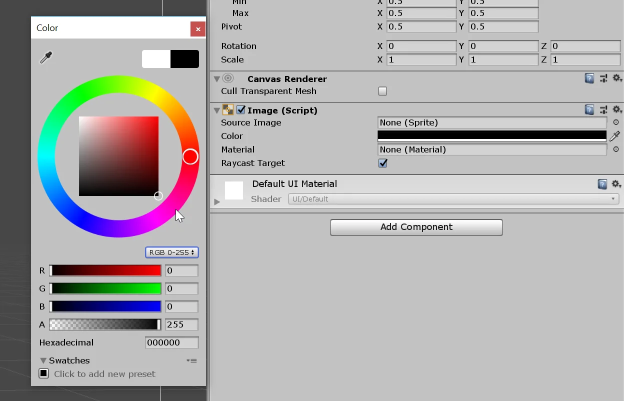 configuration of the color for an object image in unity