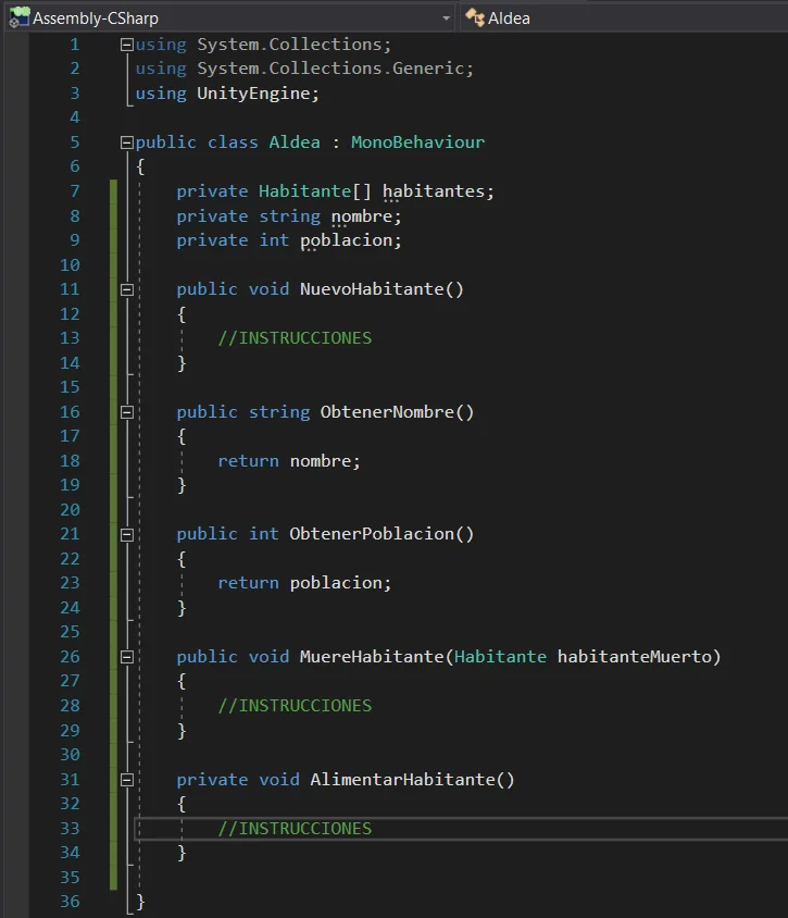 practical implementation of class programming in sharp c sharp according to uml diagram, unity