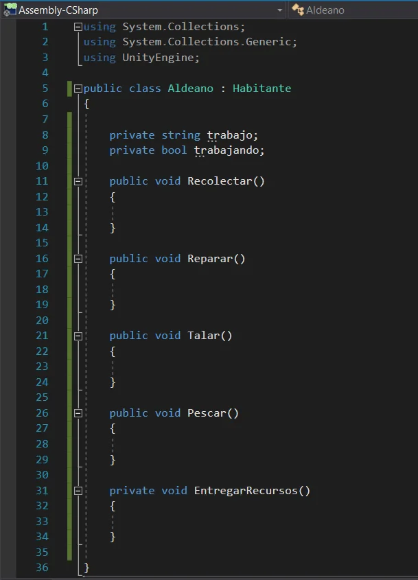 implementacion practica de clase de programacion en c sharp acorde a diagrama uml, unity