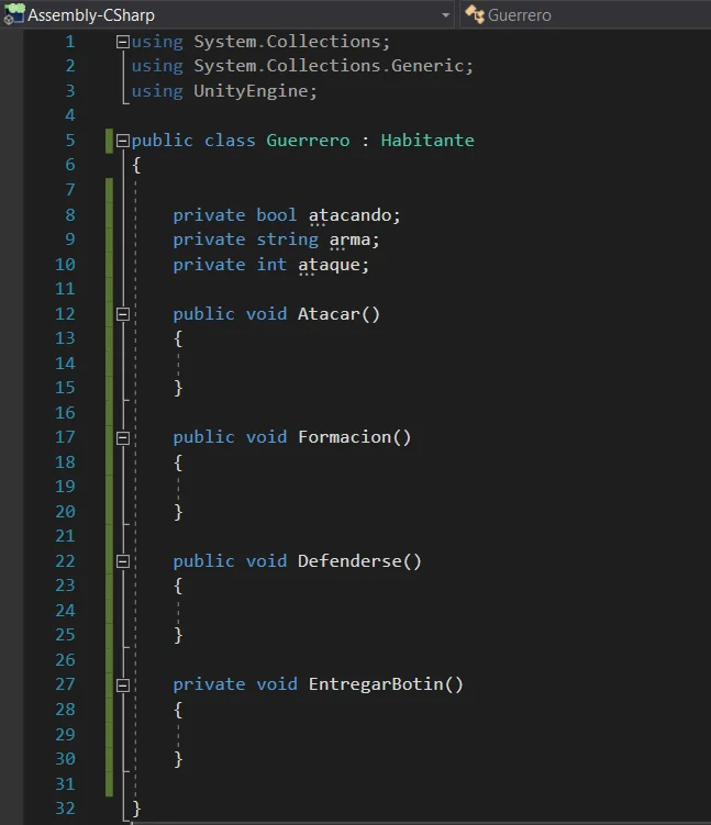 implementacion de clase en c sharp acorde a diagrama uml, unity