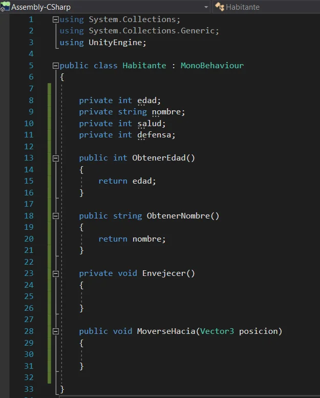 implementacion practica de clase de programacion en c sharp acorde a diagrama uml, unity