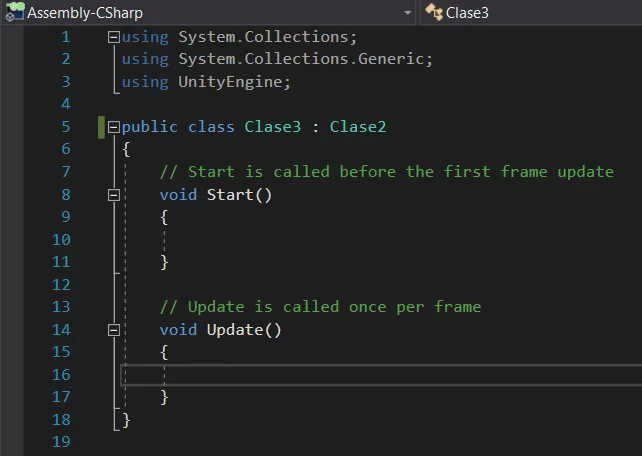 nuevo script c sharp por defecto en unity, clase que hereda de otra clase