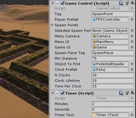 ventana inspector del game object control que se encarga de control el juego del laberinto, parametros para colocar elementos colectables en unity