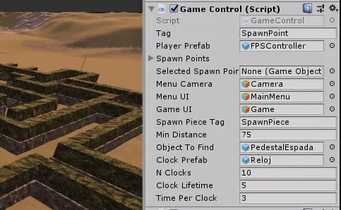 ventana inspector del game object control que se encarga de control el juego del laberinto, parametros para colocar elementos colectables en unity