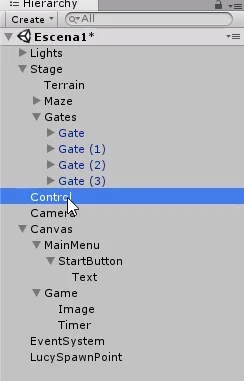 jerarquia de un proyecto de juego de laberinto en unity