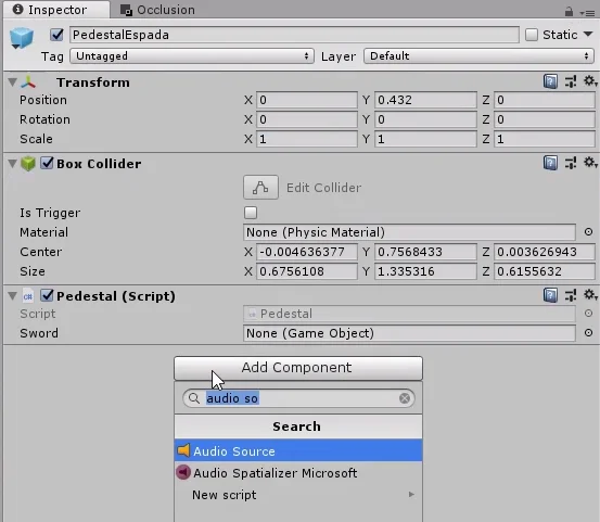 componente audio source de un gameobject en unity