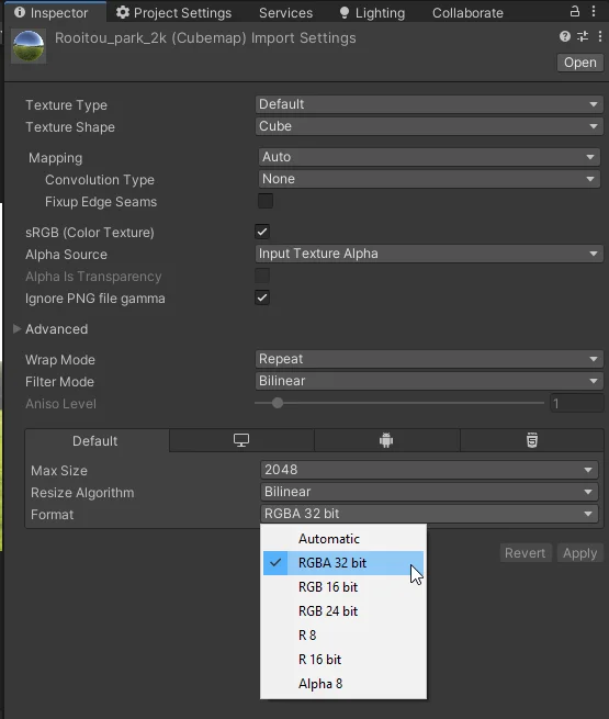 configuracion de textura en unity, formato rgba 32