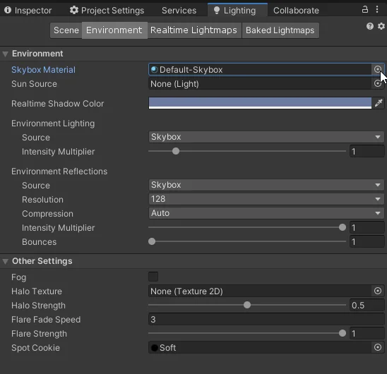 ventana de configuración de entorno lighting en unity