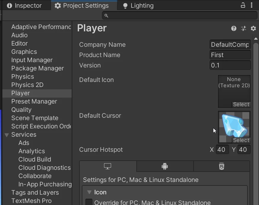 cambiar sprite por defecto para el cursor en unity