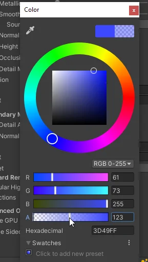 selection of the color of a material in unity