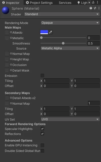 inspector de un material estandar color azul en unity