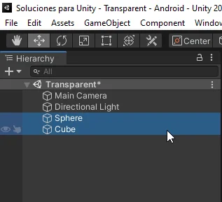 jerarquia en unity, dos objetos, uno se hará transparente