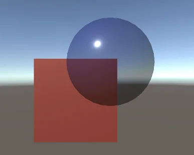 blue transparent sphere similar to a crystal in front of a red cube in unity