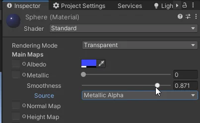 parametro smoothness de un material transparente en unity