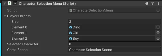 inspector de un script de control para elegir personajes en unity