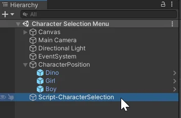 hierarchy of a menu to choose character in unity