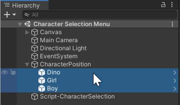 hierarchy of a menu to choose character, available characters