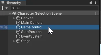 hierarchy of the game scene, prototype of a character selection system in unity