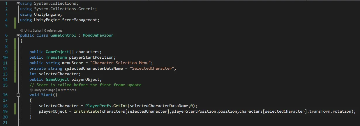 variables de un script de control de juego en unity que coloca el personaje elegido en la escena