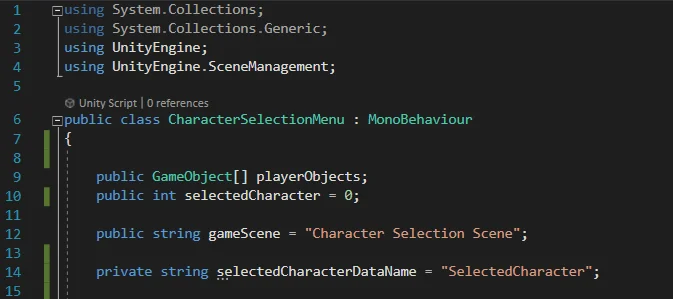 variables of a script that allows to select characters in unity