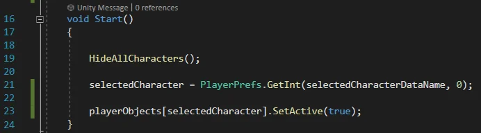 funcion start de un prototipo de seleccion de personajes en unity