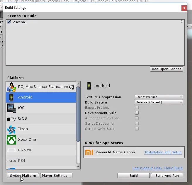 ventana build settings para configurar el proyecto para exportar de unity a android