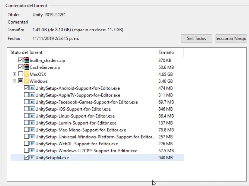 ventana de torrent para descargar los distintos instaladores de unity