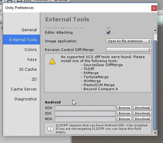 ventana de preferencias, herramientas externas de unity para seleccionar la ubicacion de android sdk y jdk para exportar de unity a android