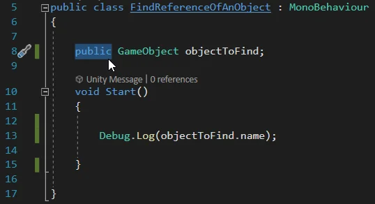 declaration of a gameobject type data in script in unity with public visibility, this allows to assign the reference from the inspector