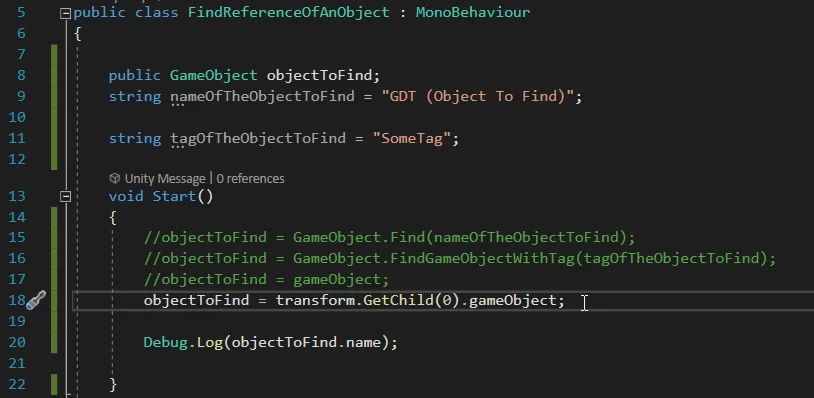 Instruction to find the reference of a GameObject that is placed as a child of another GameObject in Unity