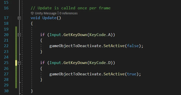 funcion update en unity, lectura de teclas, activacion y desactivacion de gameobjects usando la función set active