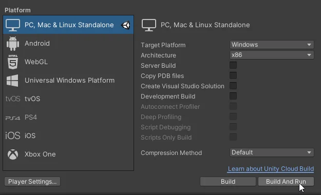 unity build settings window to configure the compilation parameters