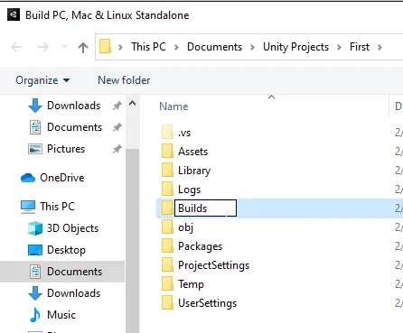 create a unity build for windows and save the files in a folder