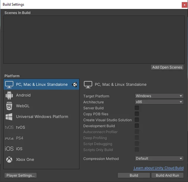 ventana build settings de unity para configurar los parametros de compilación