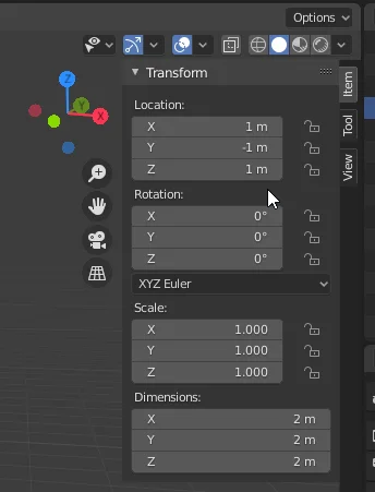 Registerkarte Transformationen im Blender, zeigt Position, Drehung und Maßstab