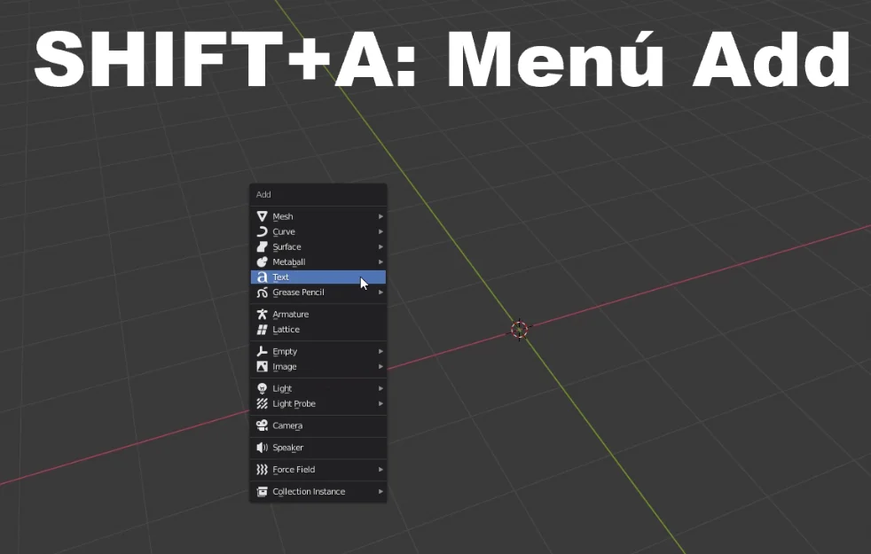 blender add menu to add new objects, selected text